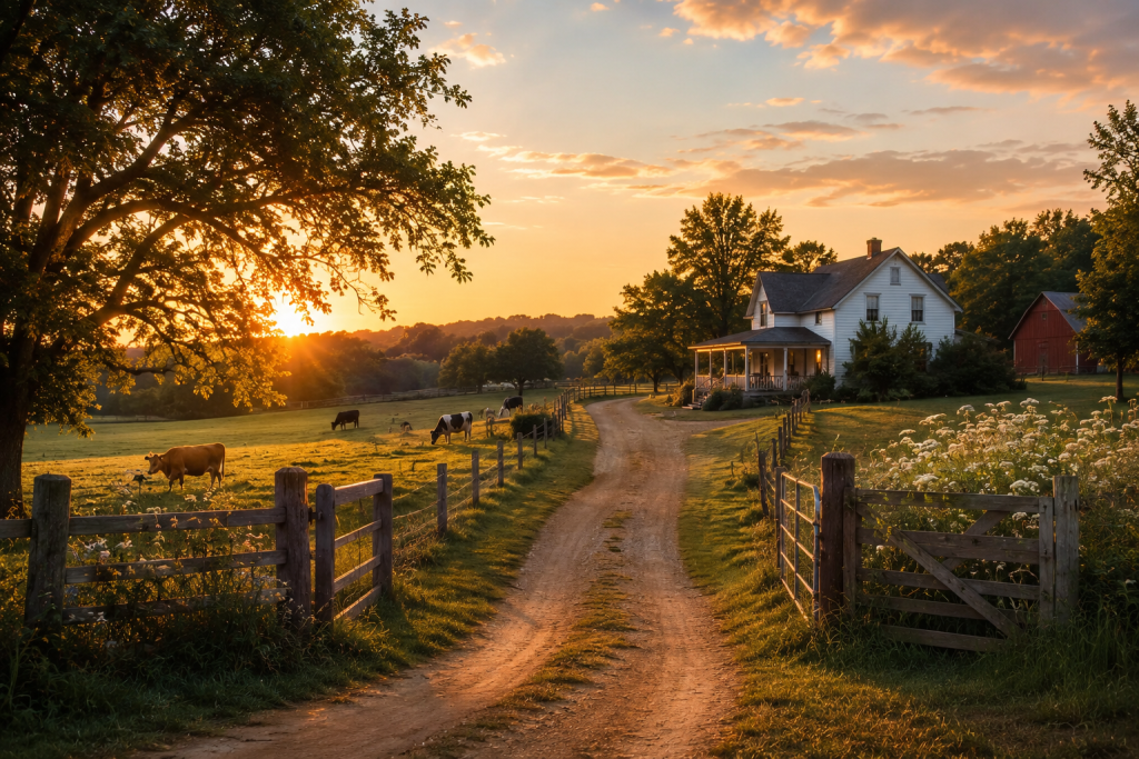 Golden hour farmhouse with a dirt lane, pasture, and animals representing the simple farm life of Gather ’Round Acres.